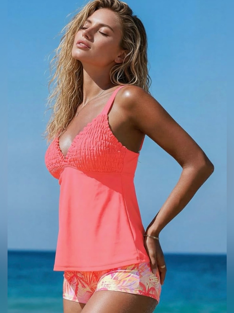 ROSEWE Amazon Tankini Bathing Suit, 2-Piece Smocked Swimsuit with Board Shorts L - Picture 3 of 10